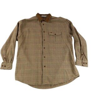 Orvis Shirt Mens Large Plaid Houndstooth Suede Collar Long Sleeve